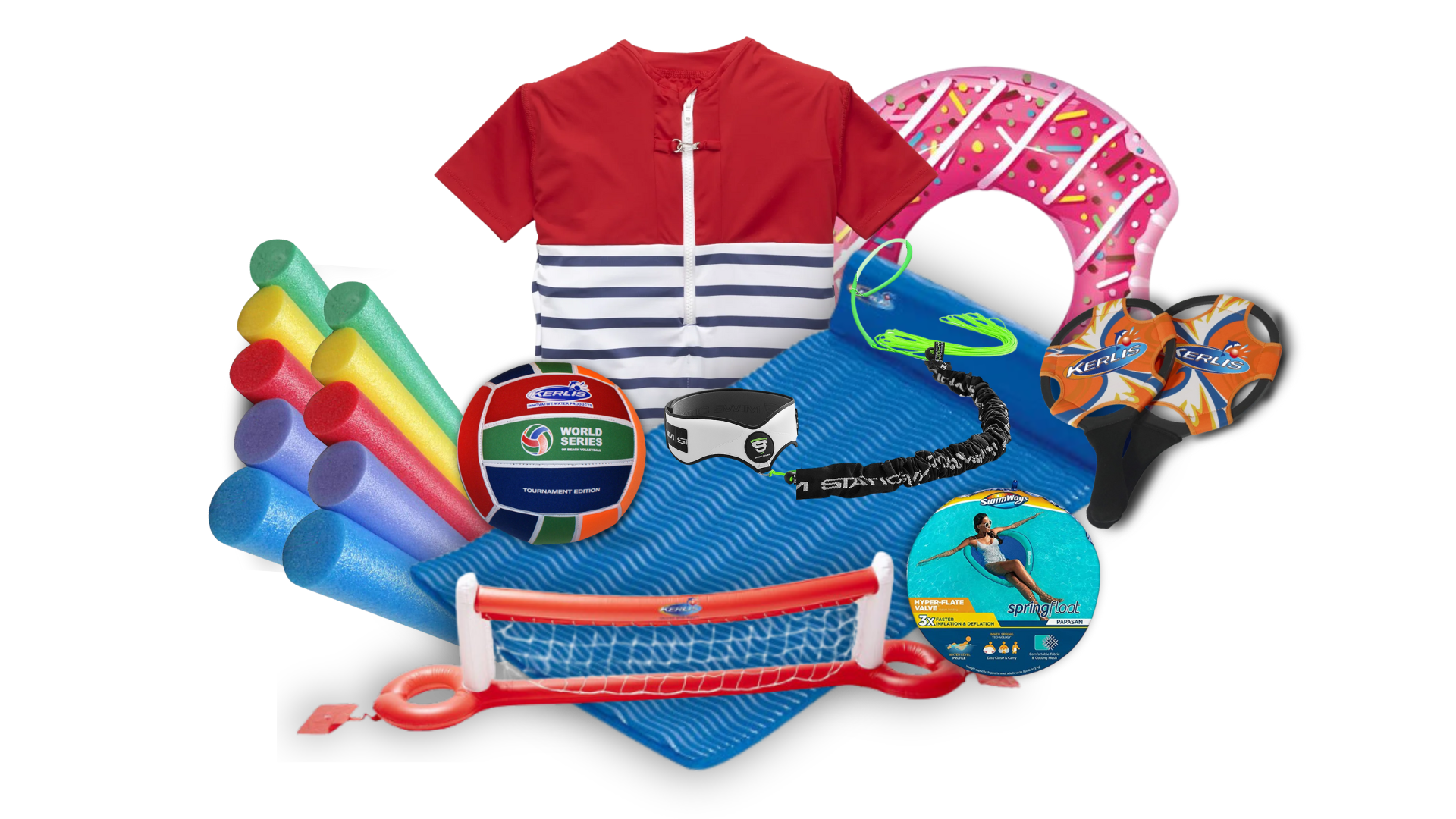 Jeux de piscine : matelas, raquettes, filet de volley ballon de volley.